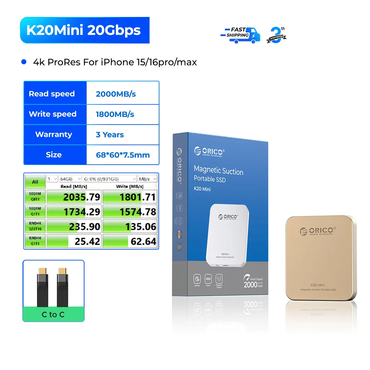 K20Mini ORI-CAO Magnetic External SSD for iPhone 15/16 Pro/Max β 2000MB/s, 4K ProRes HDR Recording & Storage