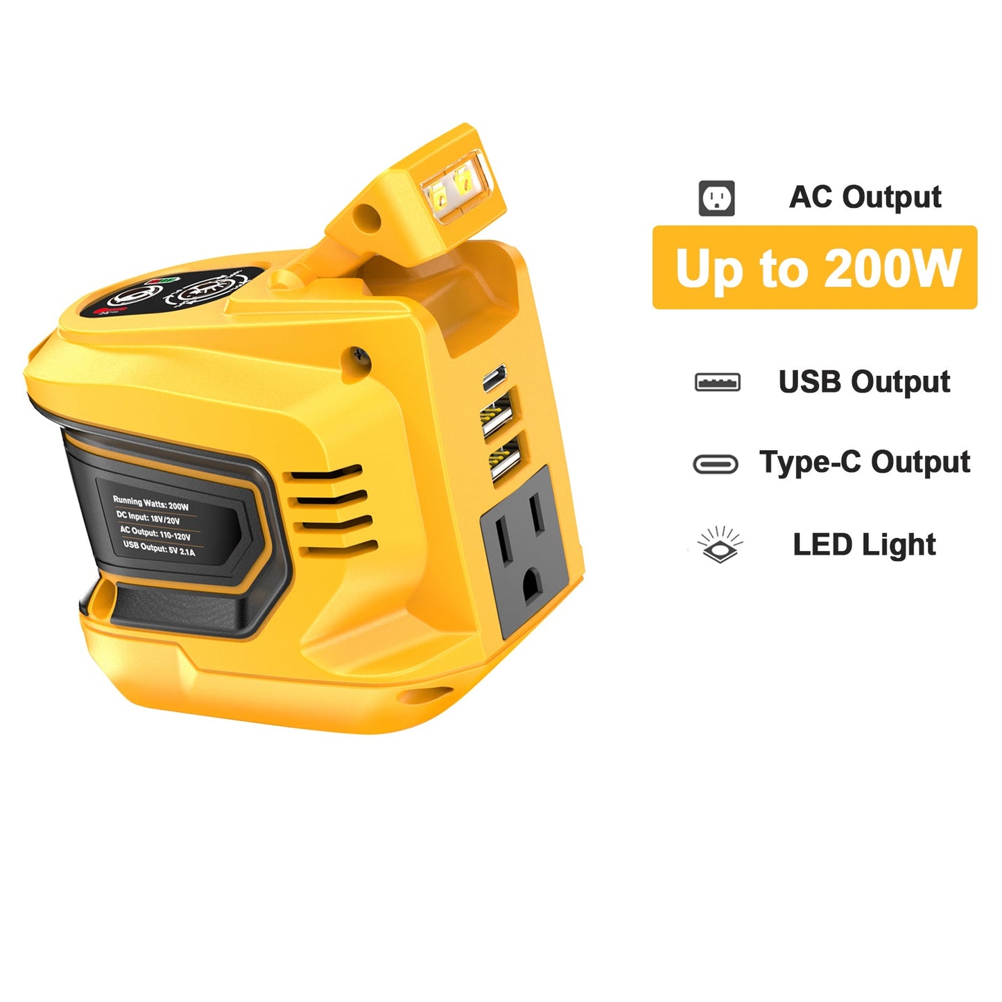 220W Portable Power Inverter E-carke Compatible with DeWALT 20V Battery (Tool Only), DC 20V to AC 110V Power Station with 1 AC Outlet, 2 USB-A, 1 Type-C & LED Light for Camping Outdoor Emergency