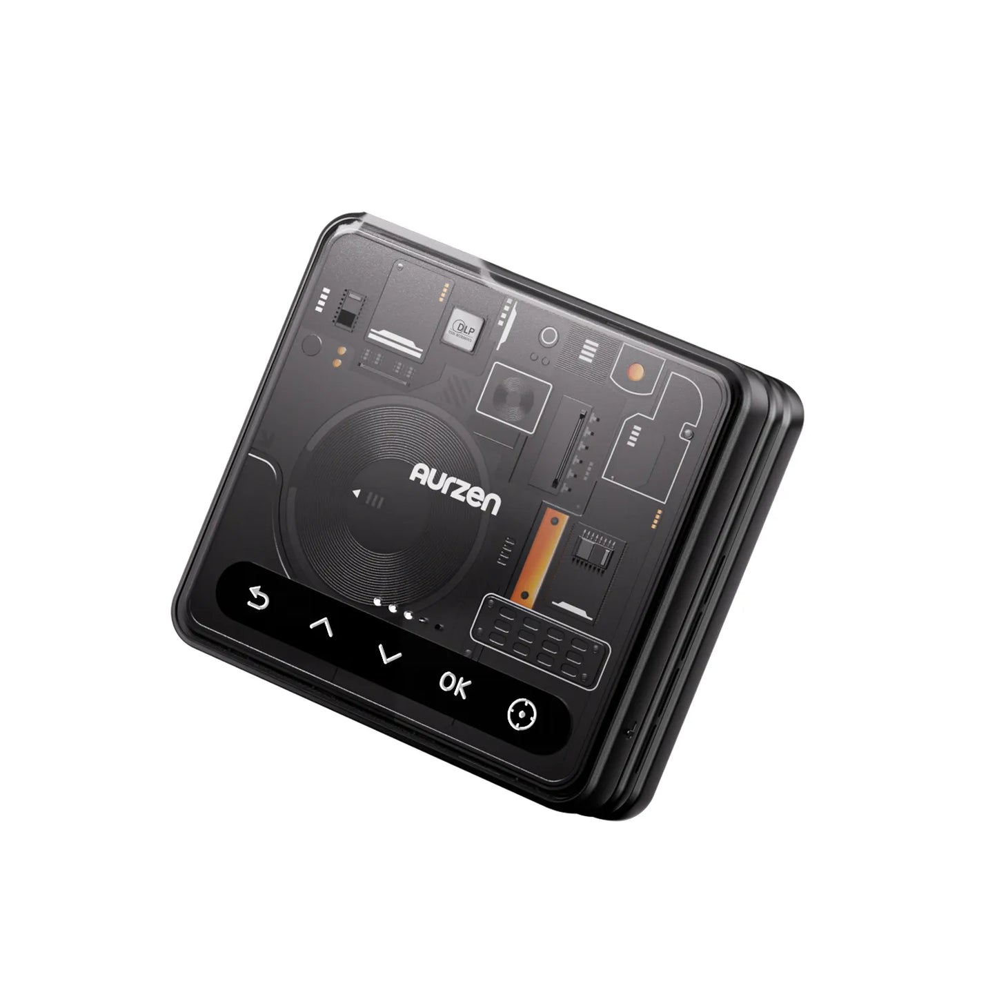 Folded view of ZIP Cyber Edition projector showing clean, compact square shape and circuit-inspired surface