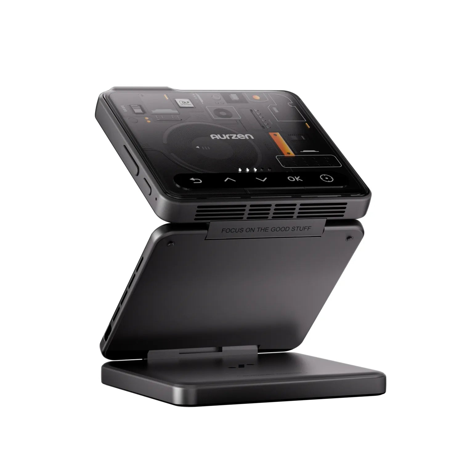 ZIP Cyber Edition projector on magnetic stand, fully opened into Z-fold mode with bold tech design