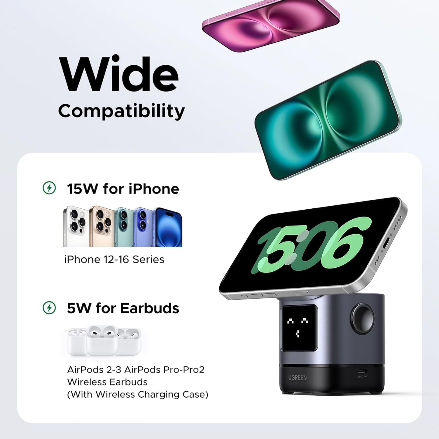 Ugreen mini portable wireless Stand, 3 in 1 Fast Charge Charging Station Compatible with Mag safe Charger Stand for iPhone + AirPods