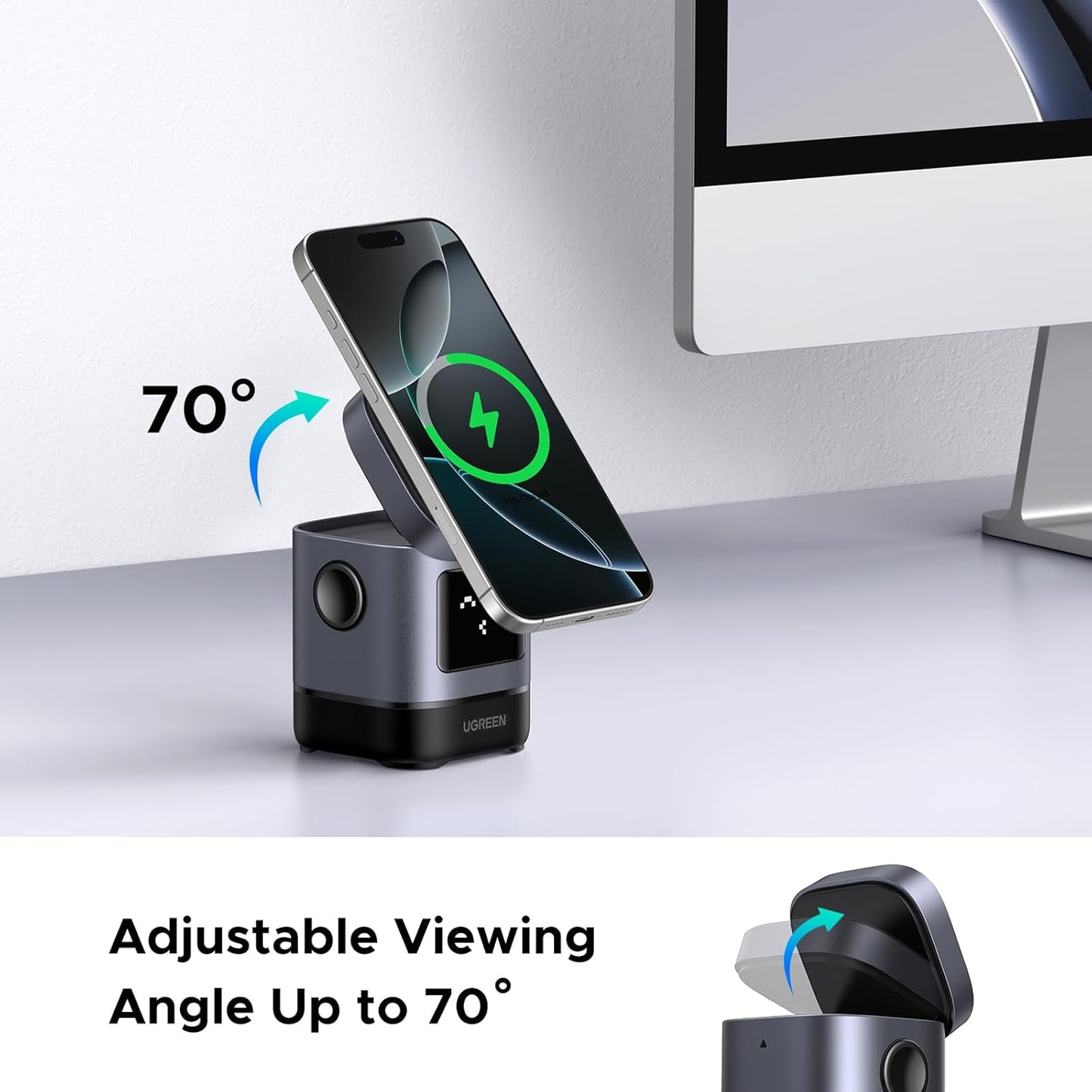 Ugreen mini portable wireless Stand, 3 in 1 Fast Charge Charging Station Compatible with Mag safe Charger Stand for iPhone + AirPods