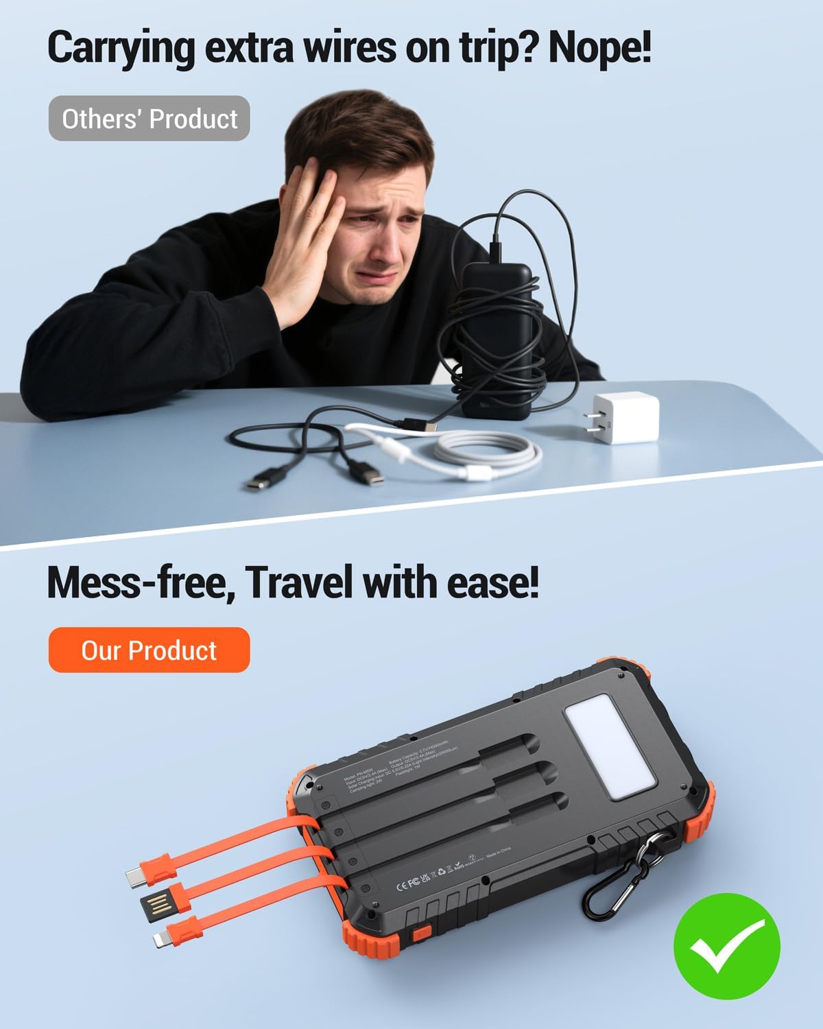 Power-Bank-Solar-Charger 42800mAh  Fast Charging with 3 Built-in Cables LED Flashlight Portable External Battery Pack Compatible with All Smartphone,...