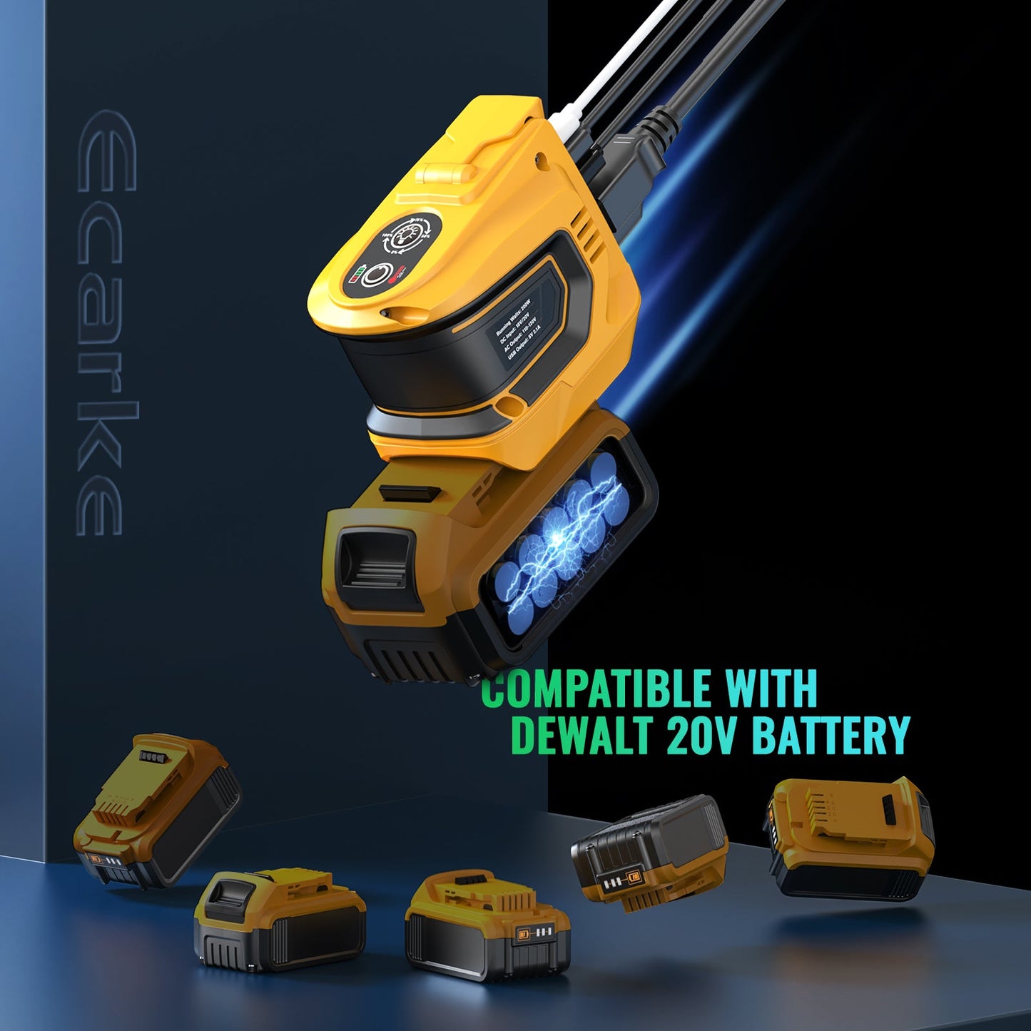 220W Portable Power Inverter E-carke Compatible with DeWALT 20V Battery (Tool Only), DC 20V to AC 110V Power Station with 1 AC Outlet, 2 USB-A, 1 Type-C & LED Light for Camping Outdoor Emergency