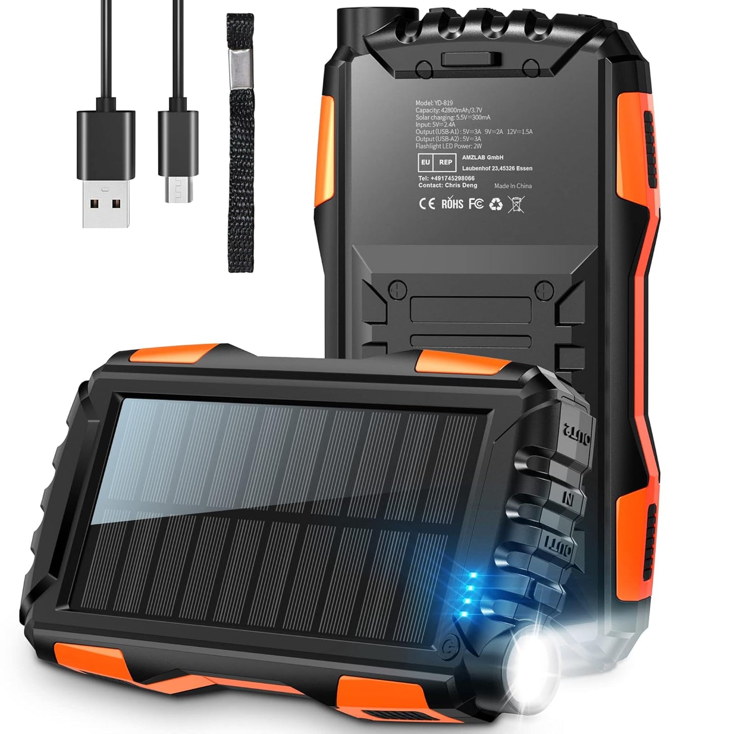 Power-Bank-Solar-Charger 42800mAh  Fast Charging with 3 Built-in Cables LED Flashlight Portable External Battery Pack Compatible with All Smartphone,...