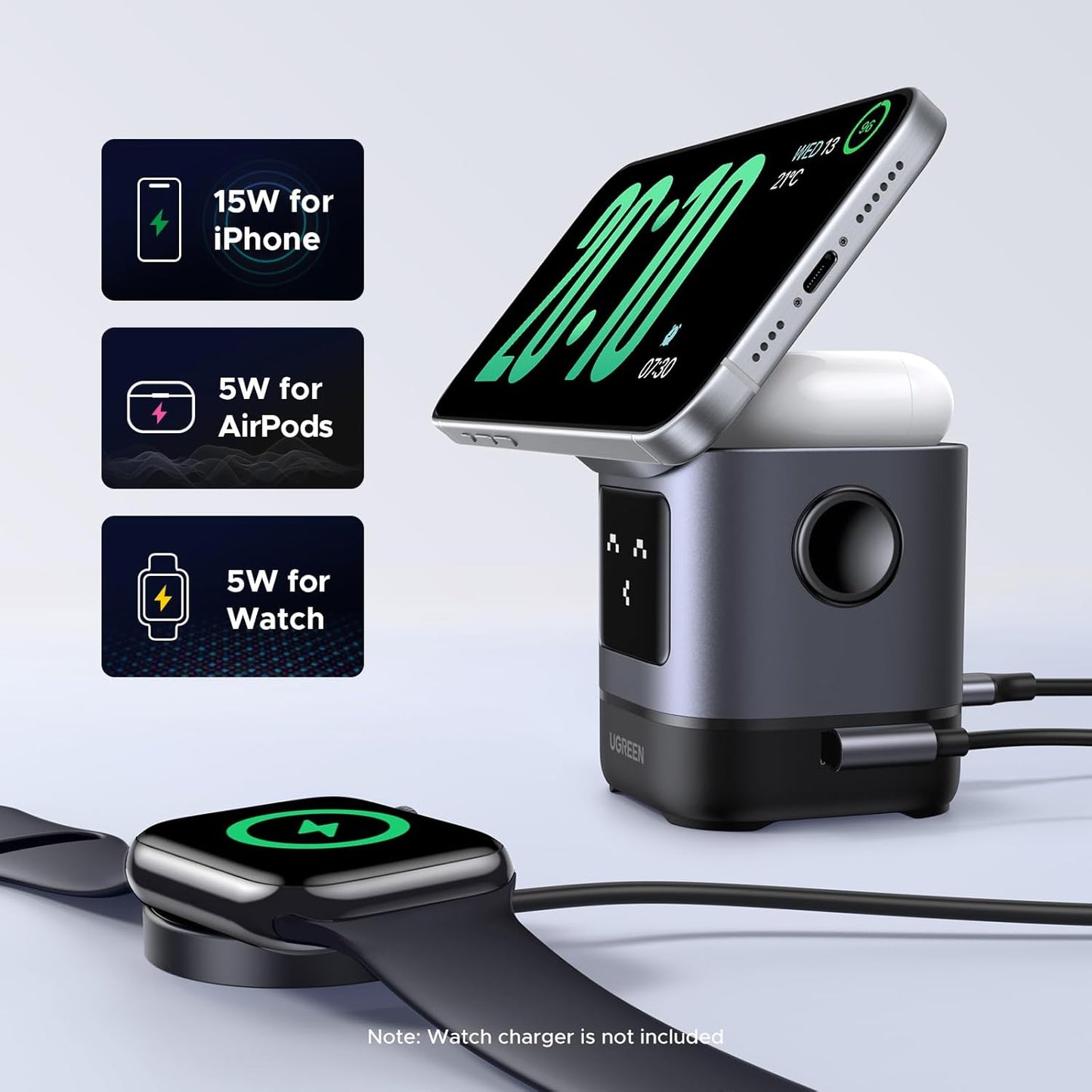 Ugreen mini portable wireless Stand, 3 in 1 Fast Charge Charging Station Compatible with Mag safe Charger Stand for iPhone + AirPods