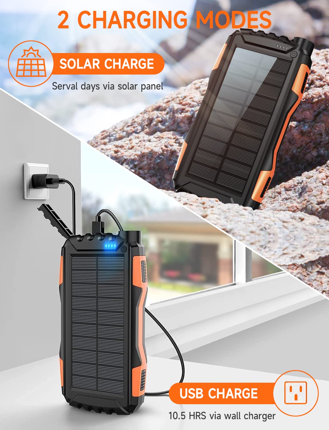 Power-Bank-Solar-Charger 42800mAh  Fast Charging with 3 Built-in Cables LED Flashlight Portable External Battery Pack Compatible with All Smartphone,...
