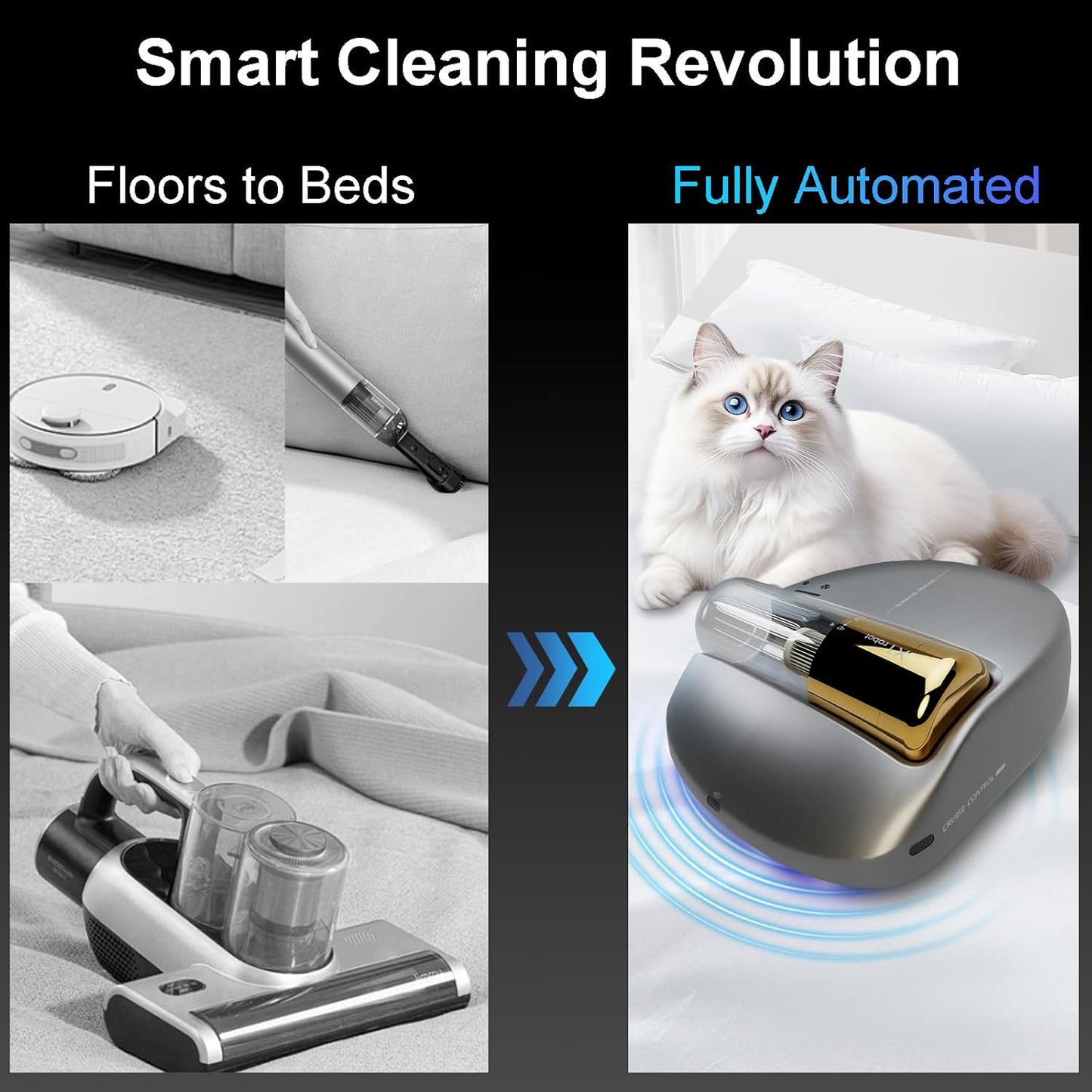 3 in 1 Cordless Robot Bed Vacuum Cleaner with 270nm UV Light - Smart Navigation, 14AW Strong Suction & Edge Detection Technology for Mattress, Sofa, Carpet