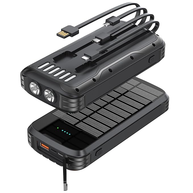 Power-Bank-Solar-Charger 42800mAh  Fast Charging with 3 Built-in Cables LED Flashlight Portable External Battery Pack Compatible with All Smartphone,...