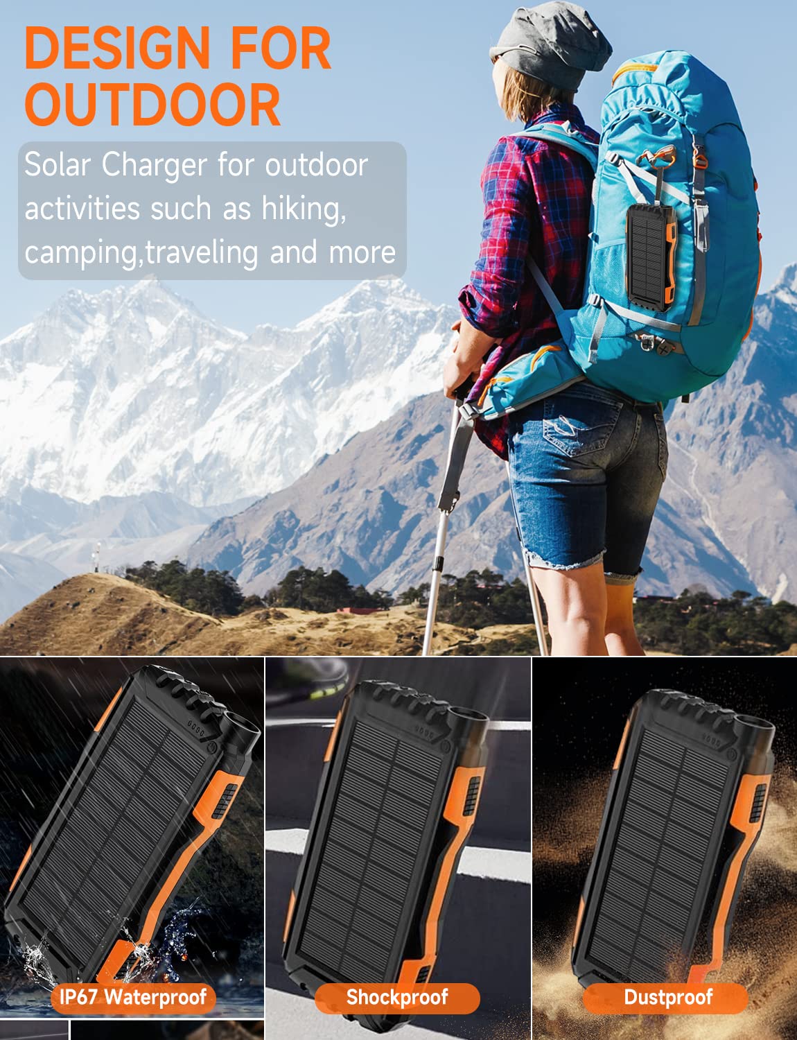 Power-Bank-Solar-Charger 42800mAh  Fast Charging with 3 Built-in Cables LED Flashlight Portable External Battery Pack Compatible with All Smartphone,...