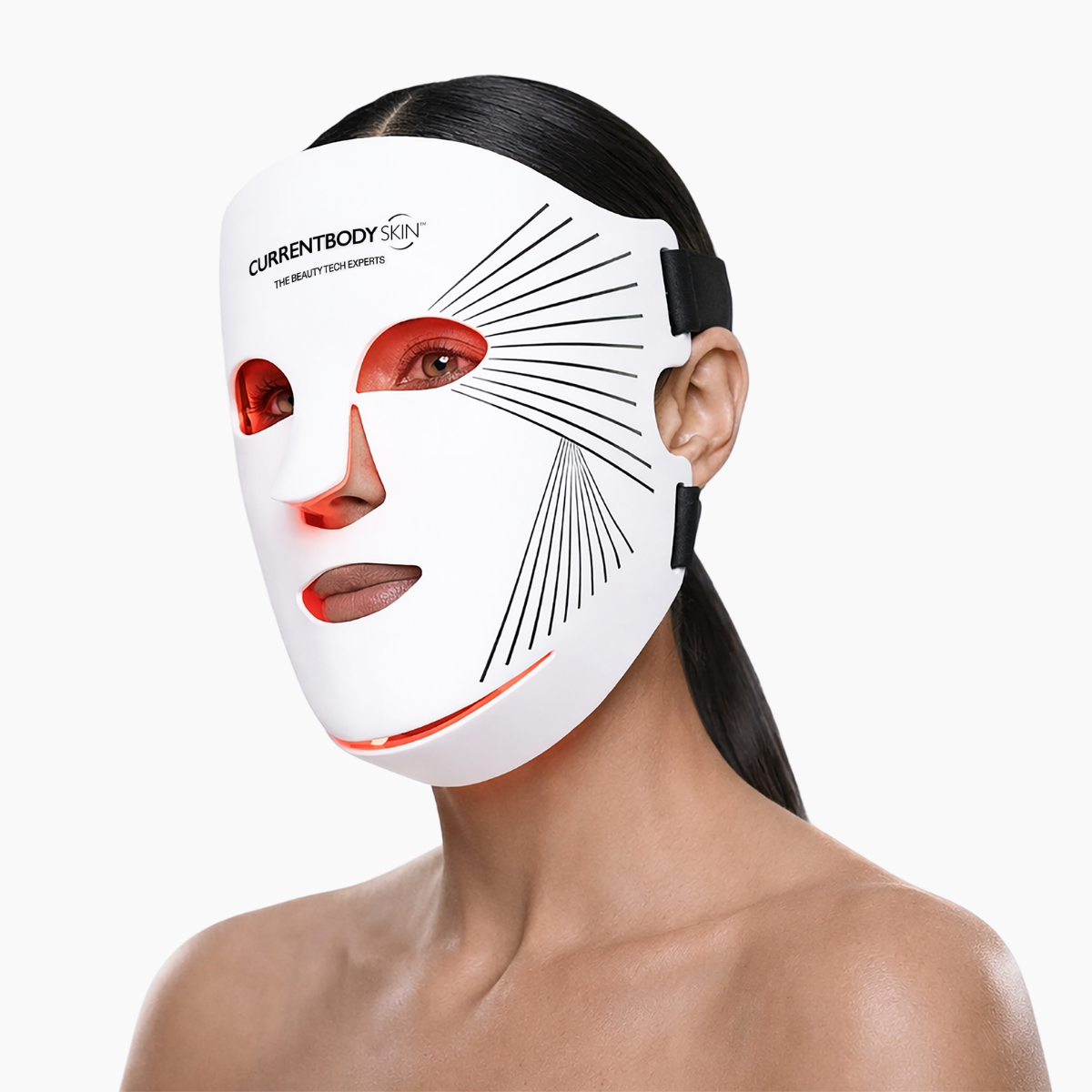 Woman wearing the CurrentBody Skin Series 2 LED Red Light Therapy Face Mask