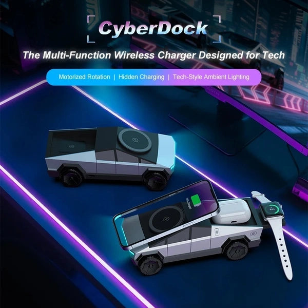 Cybers-Dock Cyber-truck-like 3-in-1 Wireless Charging Station | Fast Charging Dock for Phone, Watch & Earbuds